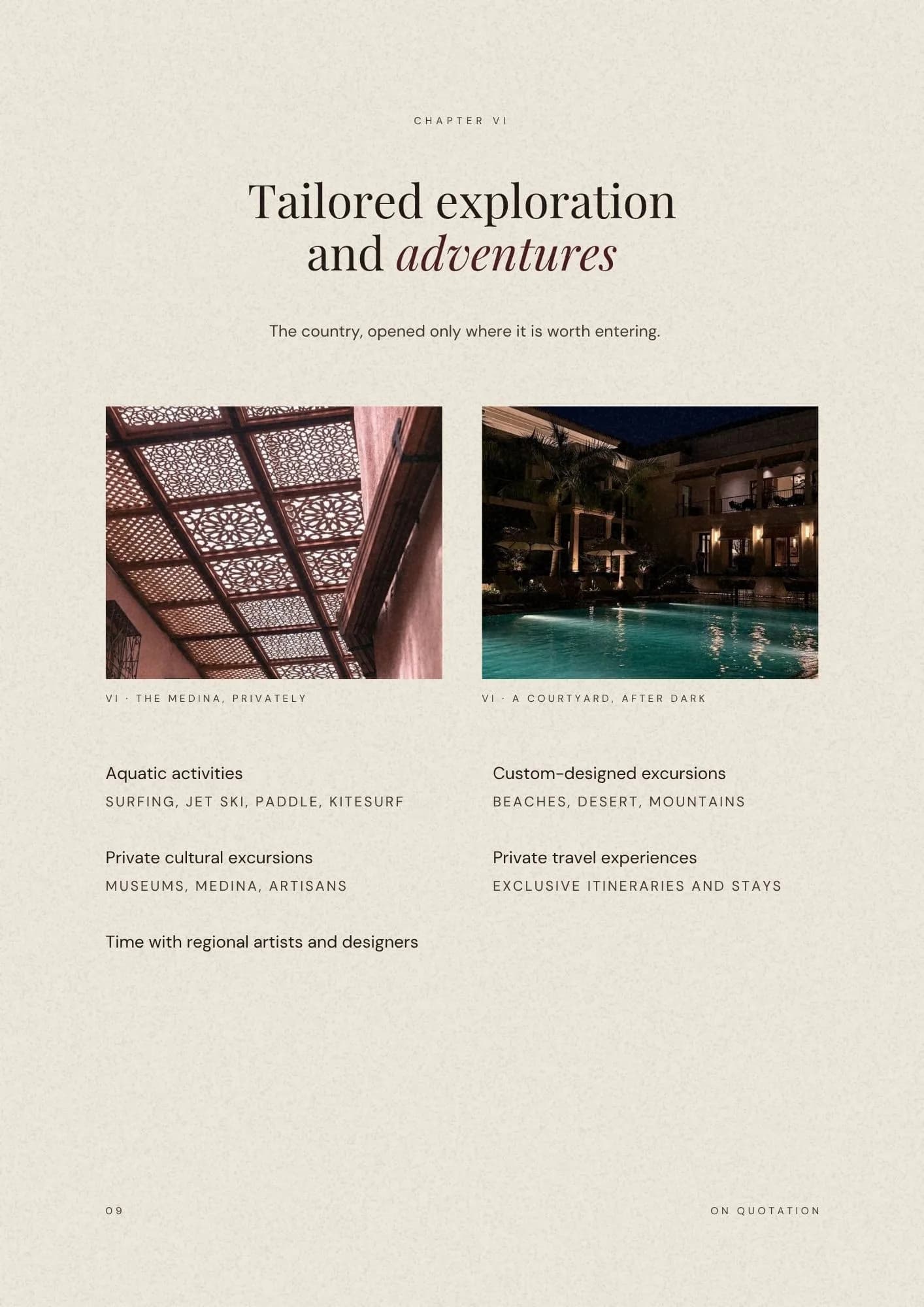 Exploration chapter. Excursions and cultural access, with two photographs of the medina and a courtyard at dusk.