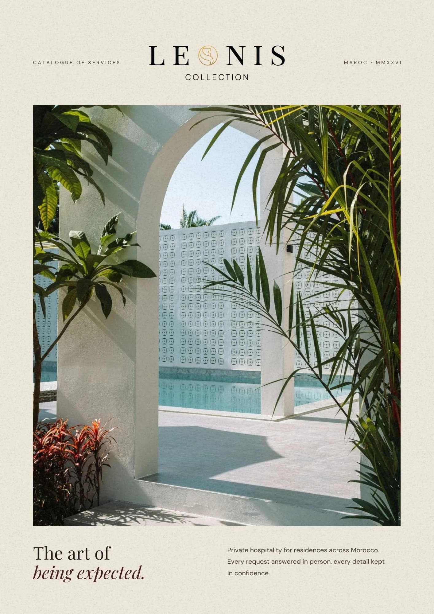 Leonis Collection catalogue cover: an arched doorway onto a pool.