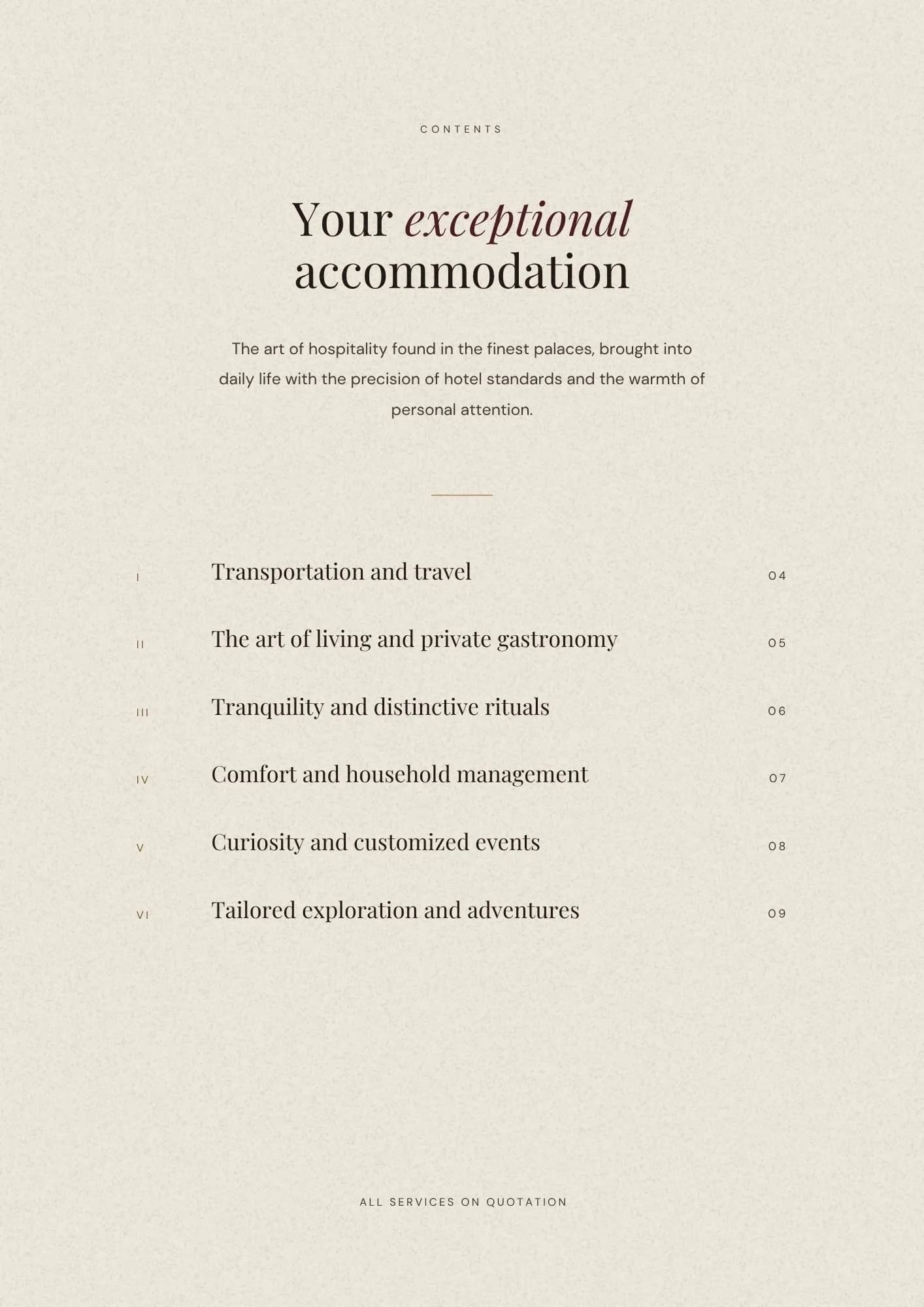Contents page listing six service chapters, each on quotation.
