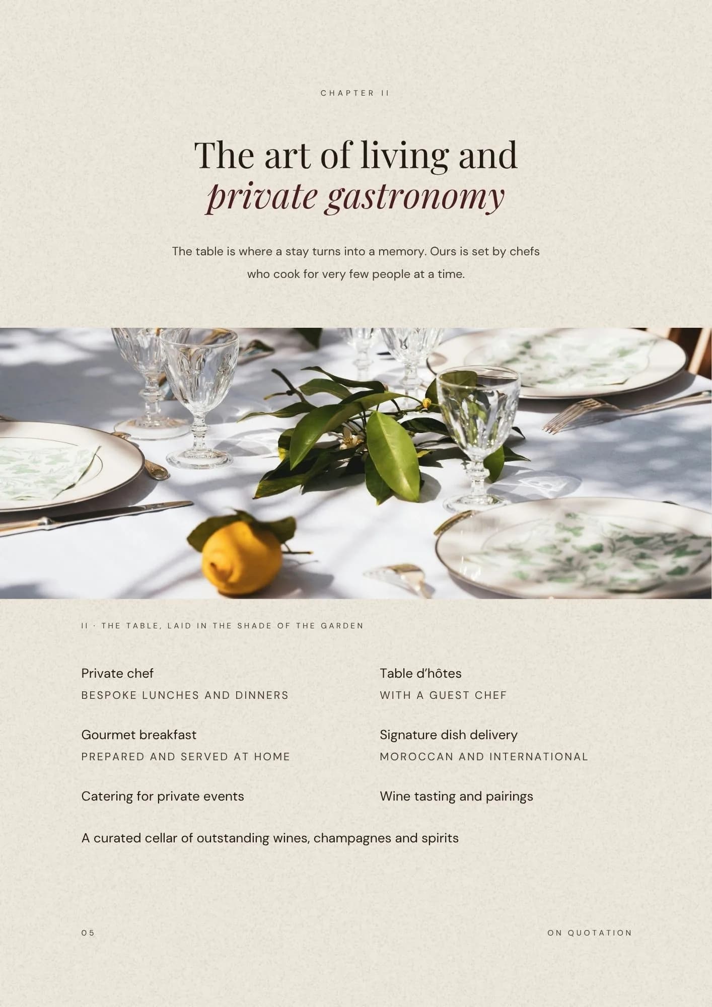Gastronomy chapter. Private chef and cellar services above a laid garden table.