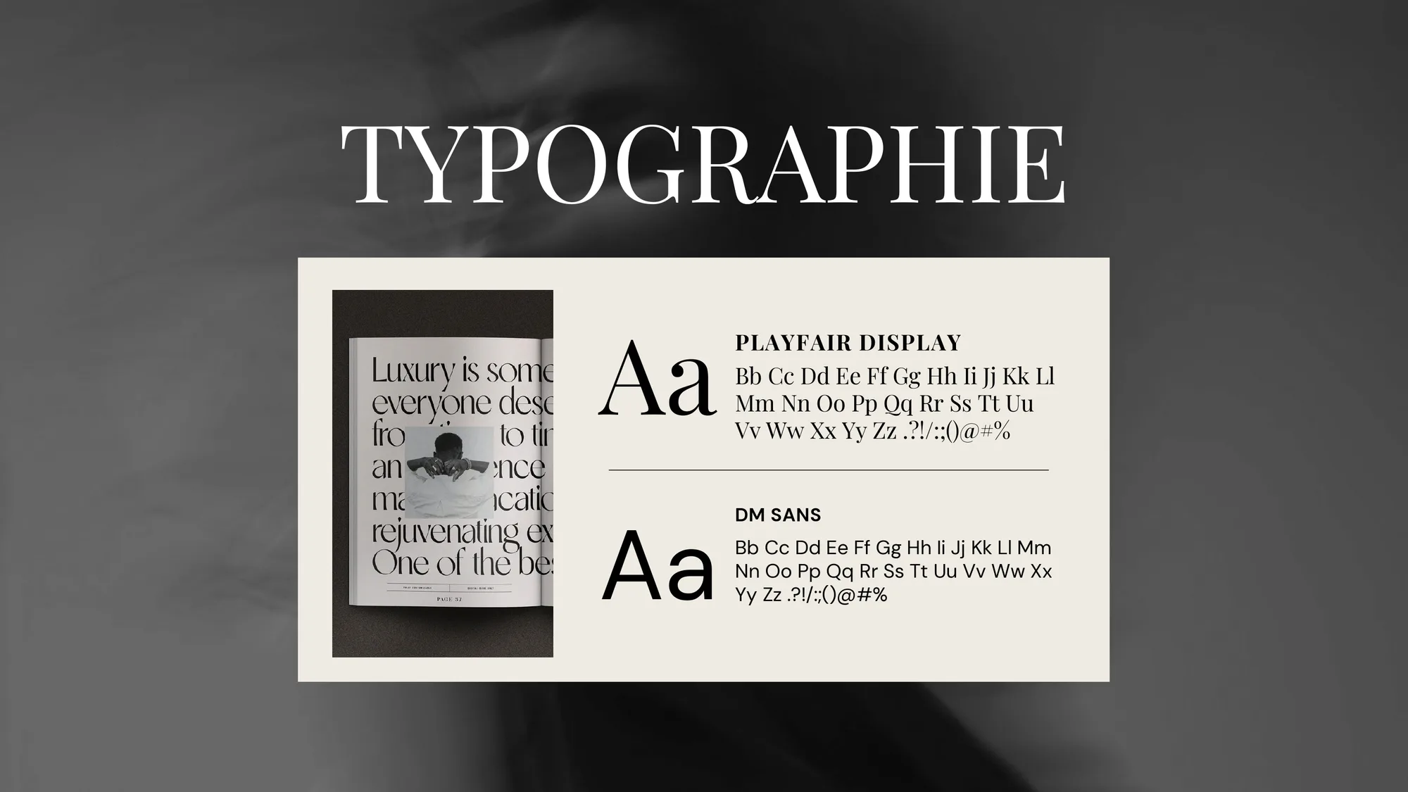 Typography page introducing Playfair Display and DM Sans.