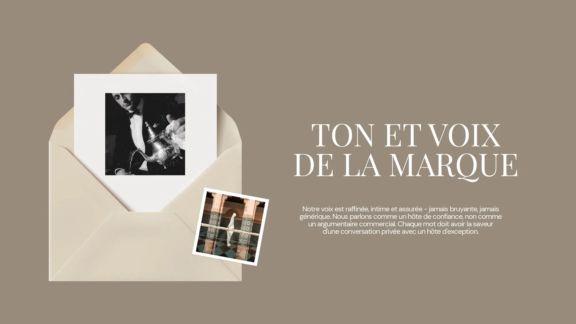 Tone of voice page, with an envelope and photographs.