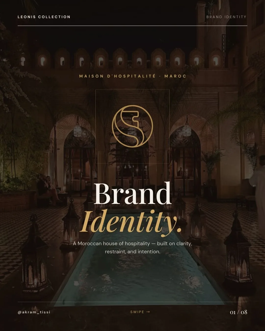 Social slide one: Brand Identity, over a lantern-lit riad pool.