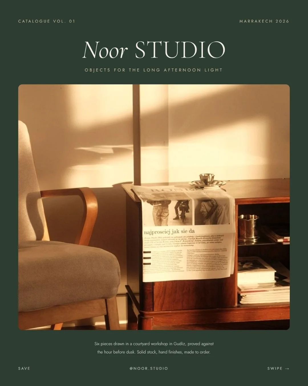 Noor Studio cover slide: objects for the long afternoon light, over a walnut chair in raking sun.