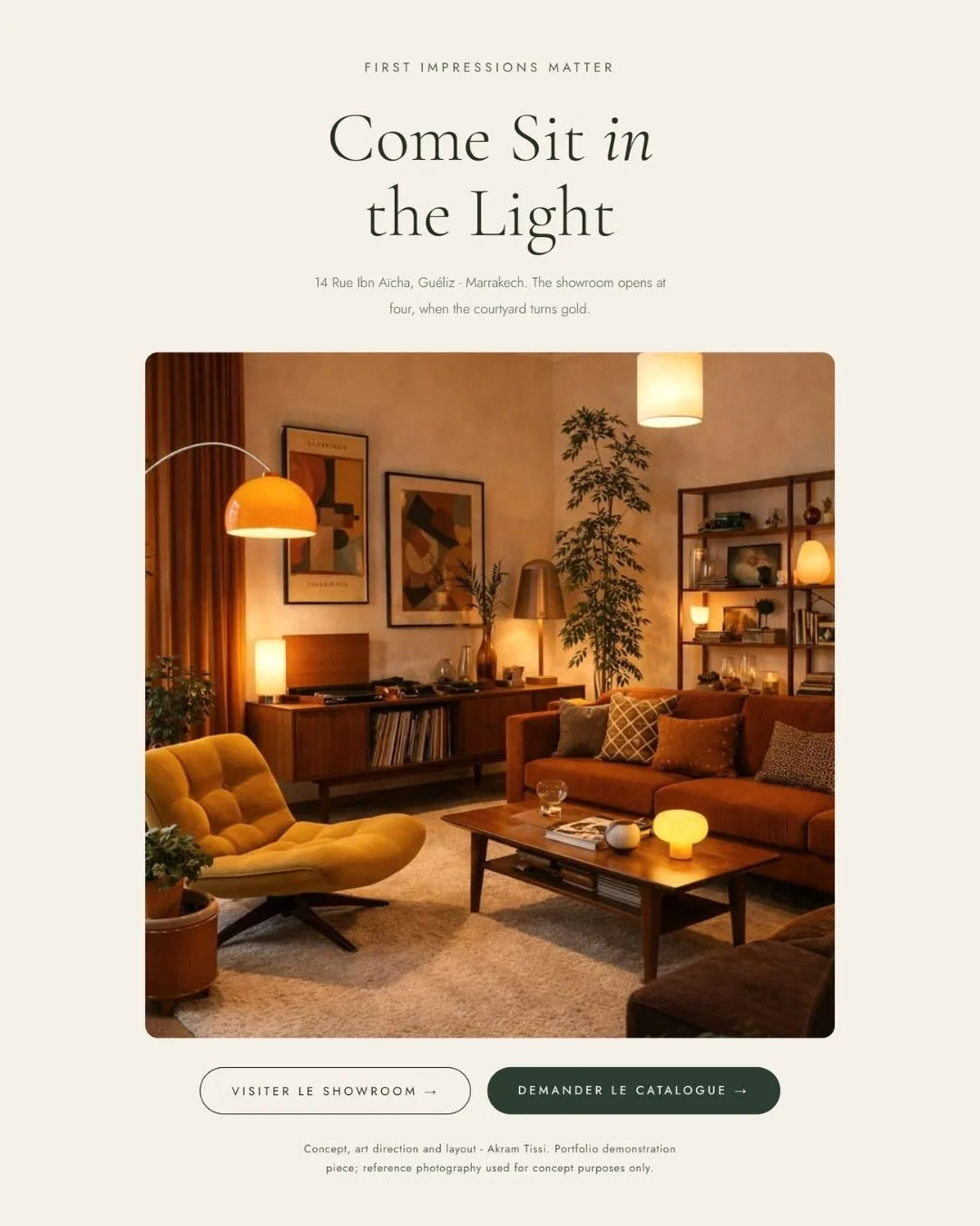 Closing slide. Come sit in the light, with the Guéliz showroom address.