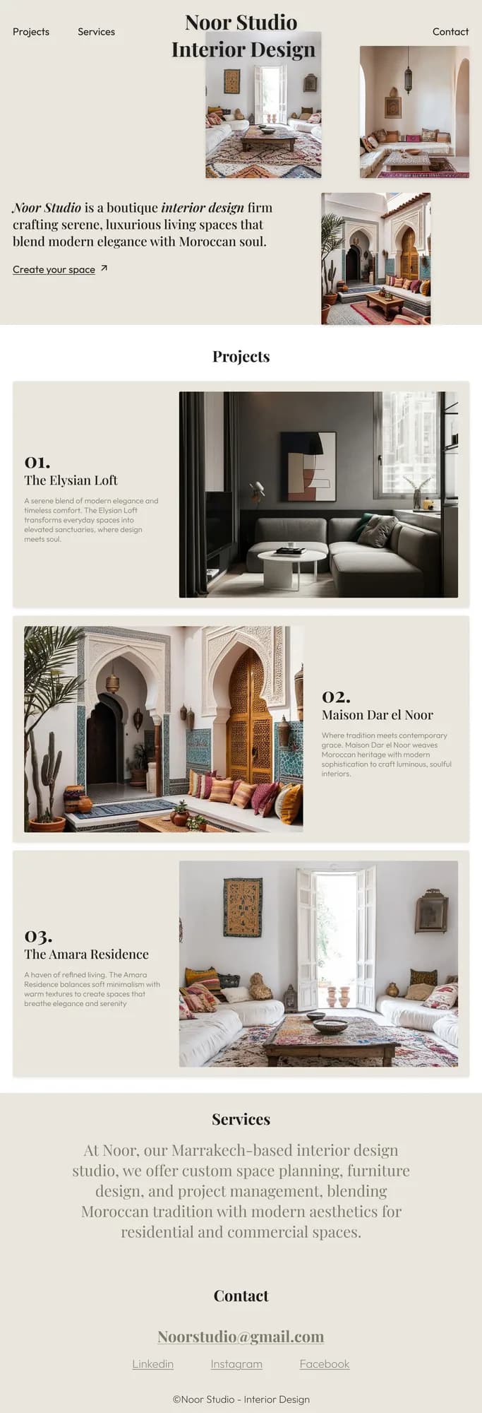 Full Noor Studio landing page: intro, three numbered projects, services and contact.