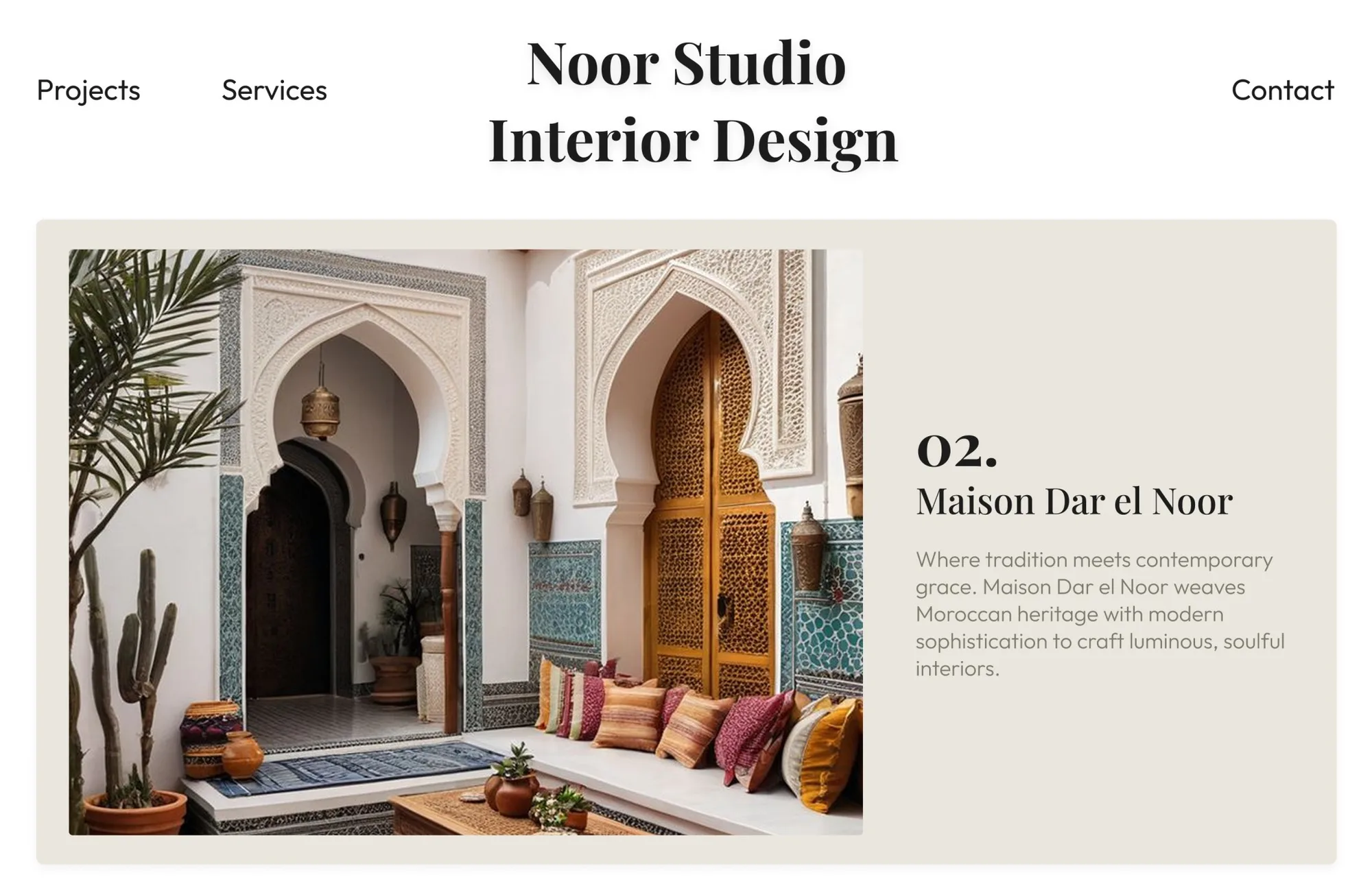 Project card for Maison Dar el Noor: an arched courtyard entrance beside a short description.