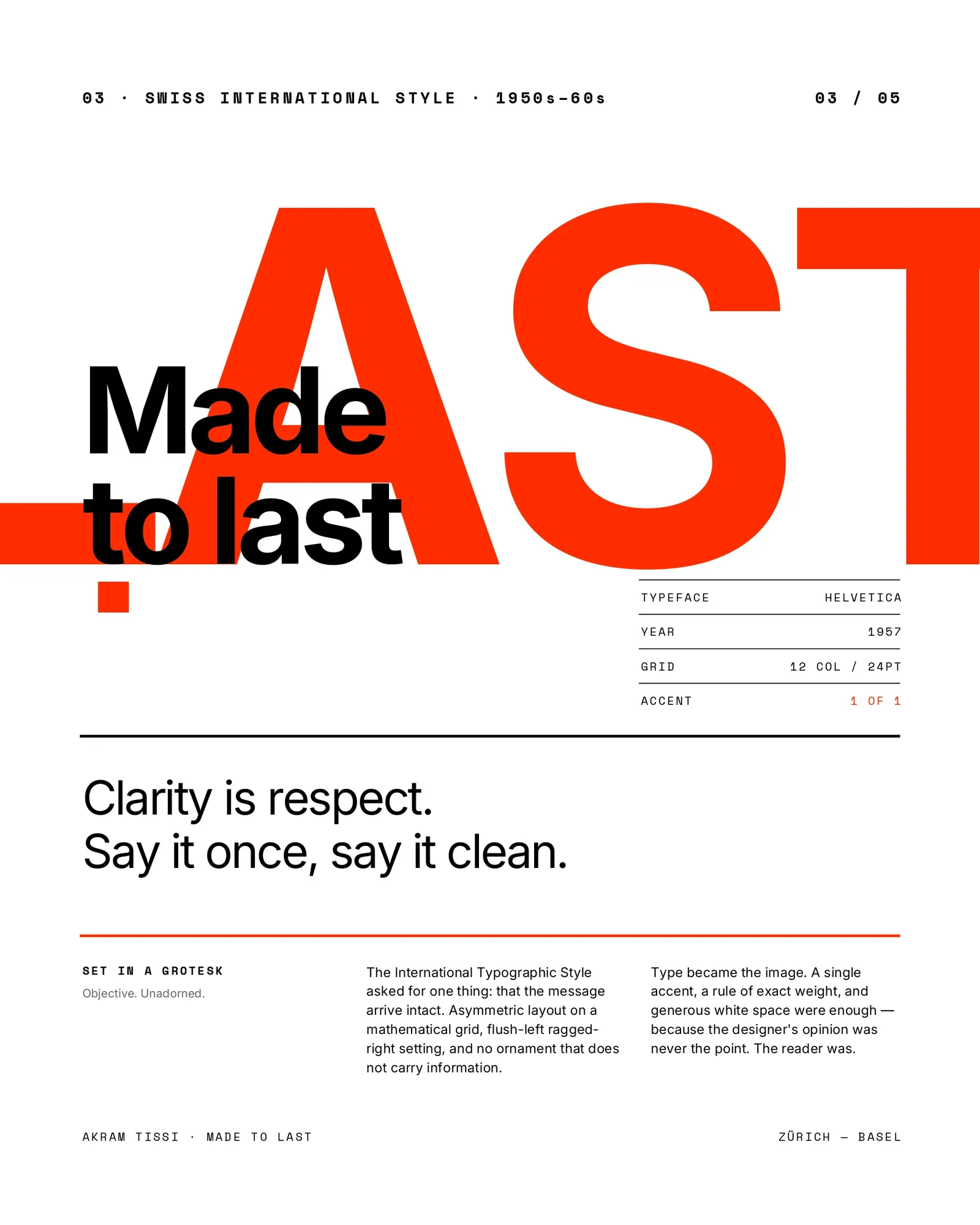 Made to Last, poster three. LAST in red Helvetica beside a specification table.