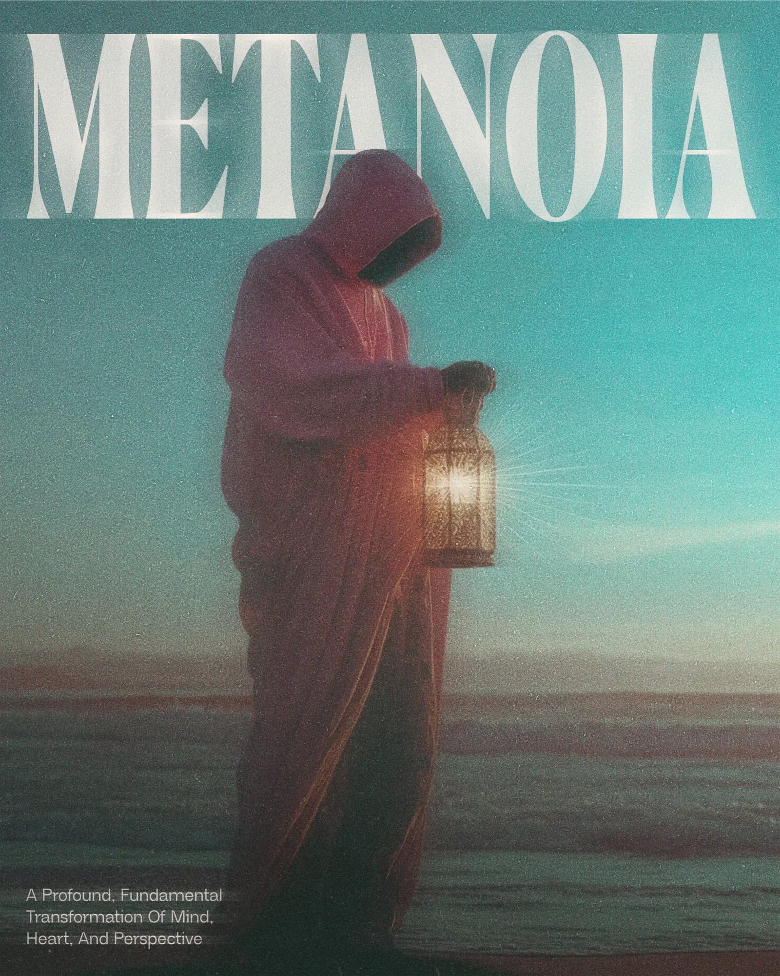 Metanoia poster: a hooded figure carrying a lantern at dusk.